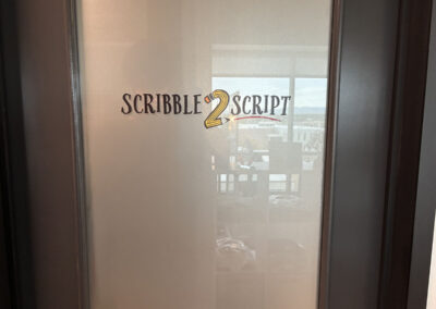 Frosted glass door with Scribble 2 Script logo, crafted by Arizona Custom Signworks, located near Phoenix.