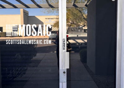 Mosaic office door with ScottsdaleMosaic.com branding; exterior view highlighting signage design by Arizona Custom Signworks, Scottsdale.