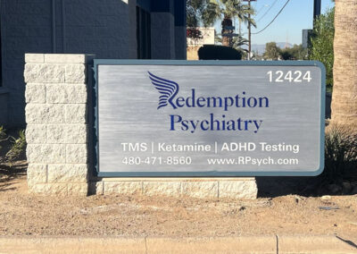 Redemption Psychiatry sign displaying services like TMS, Ketamine, ADHD testing. Located in Phoenix. Sign by Arizona Custom Signworks.