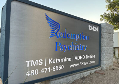 Signage for Redemption Psychiatry in Phoenix, AZ, featuring TMS, Ketamine, ADHD Testing, designed by Arizona Custom Signworks.